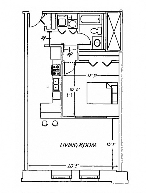 Floor plan for 1 bed, 1 bath, 706 sqft